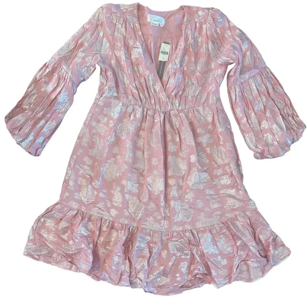 Anthropologie Jolene Jacquard Mini Dress Pink Shimmer Sparkle Puff Sleeve XS NWT - Picture 5 of 9